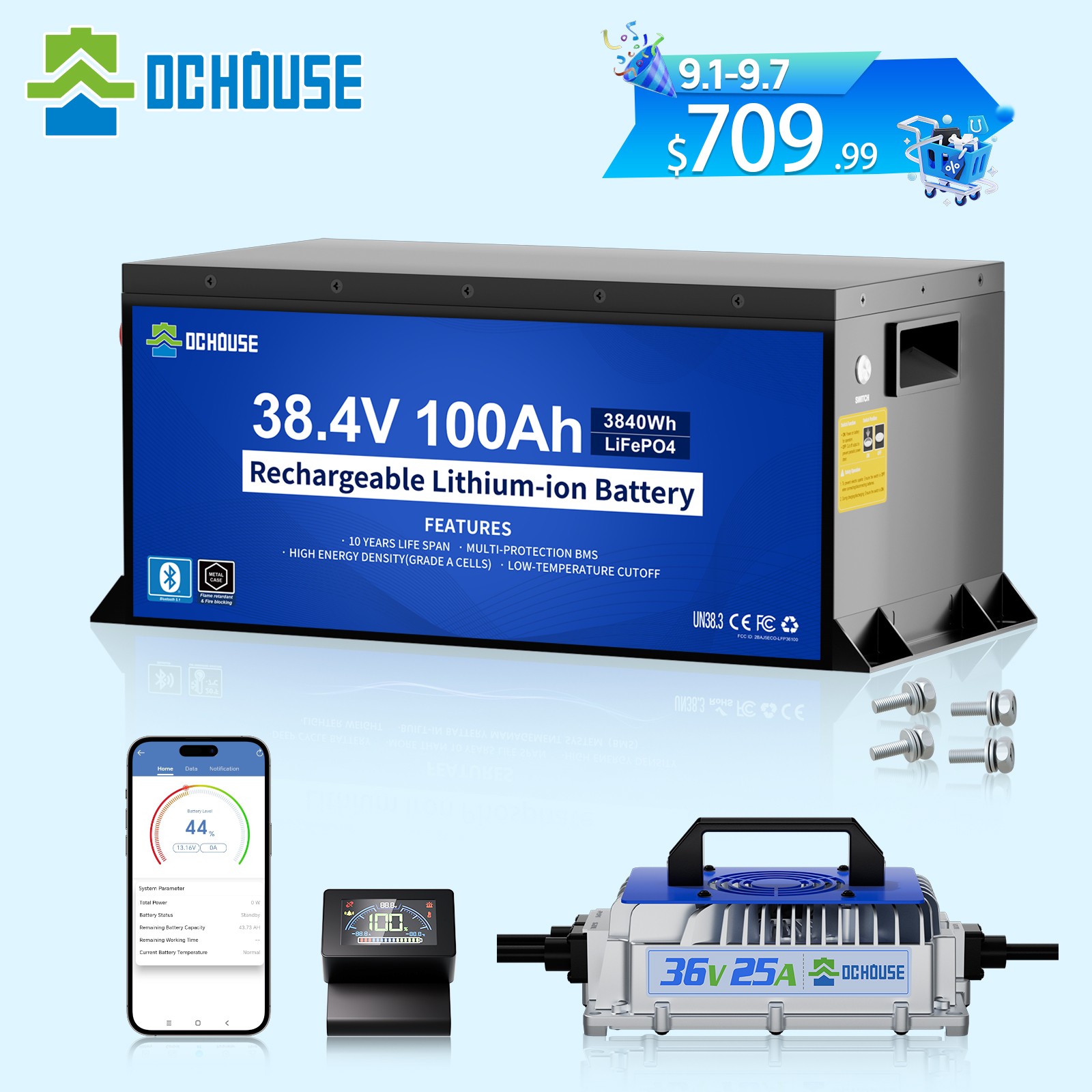 DC HOUSE Metal Case 36V 100Ah Golf Cart Lithium Battery with 36V 25A Charger