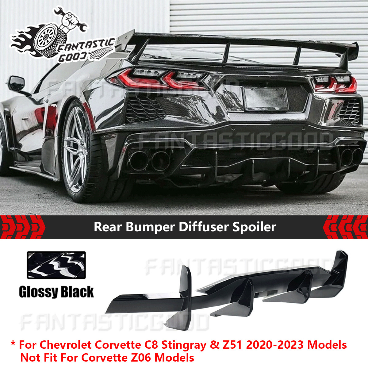 For Corvette C8 Z51 Stingray 20-23 STG 3 Gloss Blk Rear Bumper Diffuser Spoiler