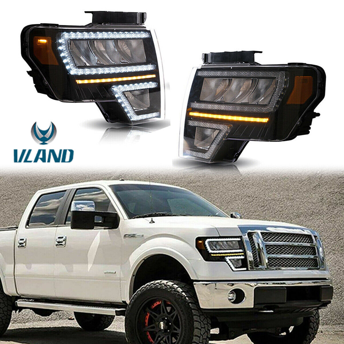Pair Full LED Reflector Lamps Headlights Assembly For 2009-2014 Ford F150 F-150