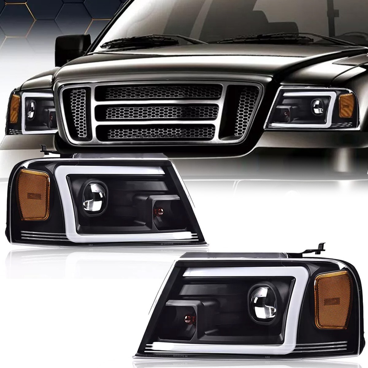 Fit 2004-2008 Ford F150 LED Headlights Assembly Black Housing DRL Projector Lamp