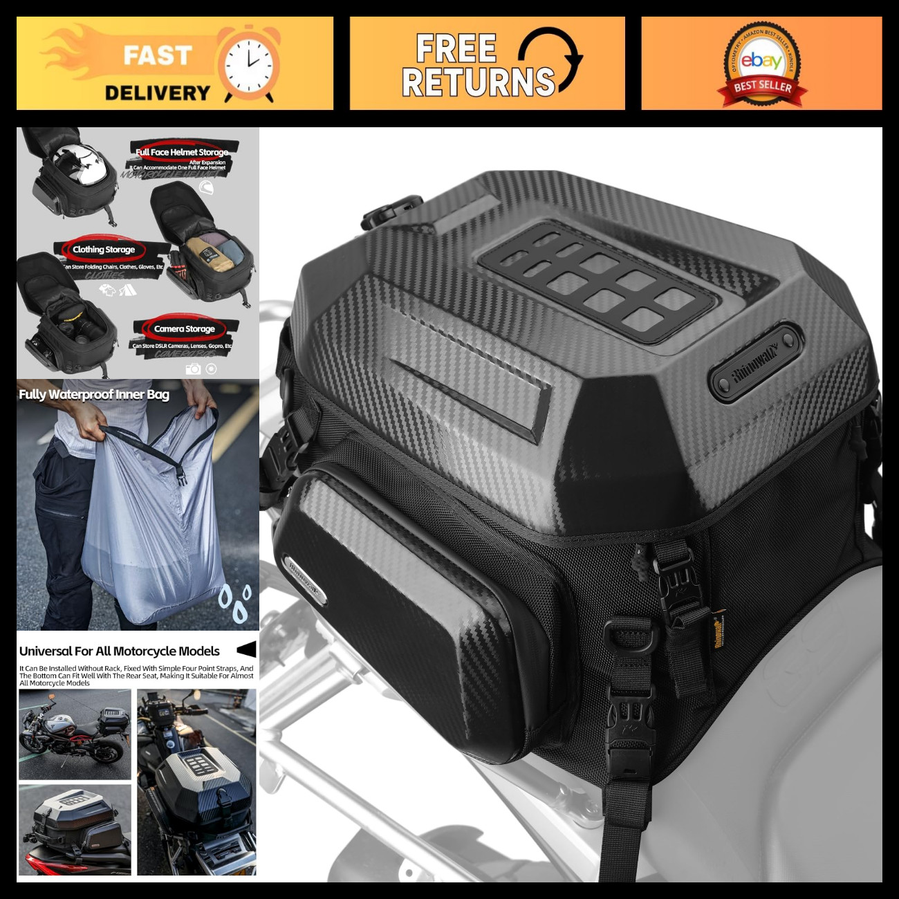 Expandable Waterproof Motorcycle Tail Bag, 23-35L Hard Shell Rear Seat Luggage w Expandable Waterproof Motorcycle Tail Bag, 23-35L Hard Shell Rear Seat Luggage w