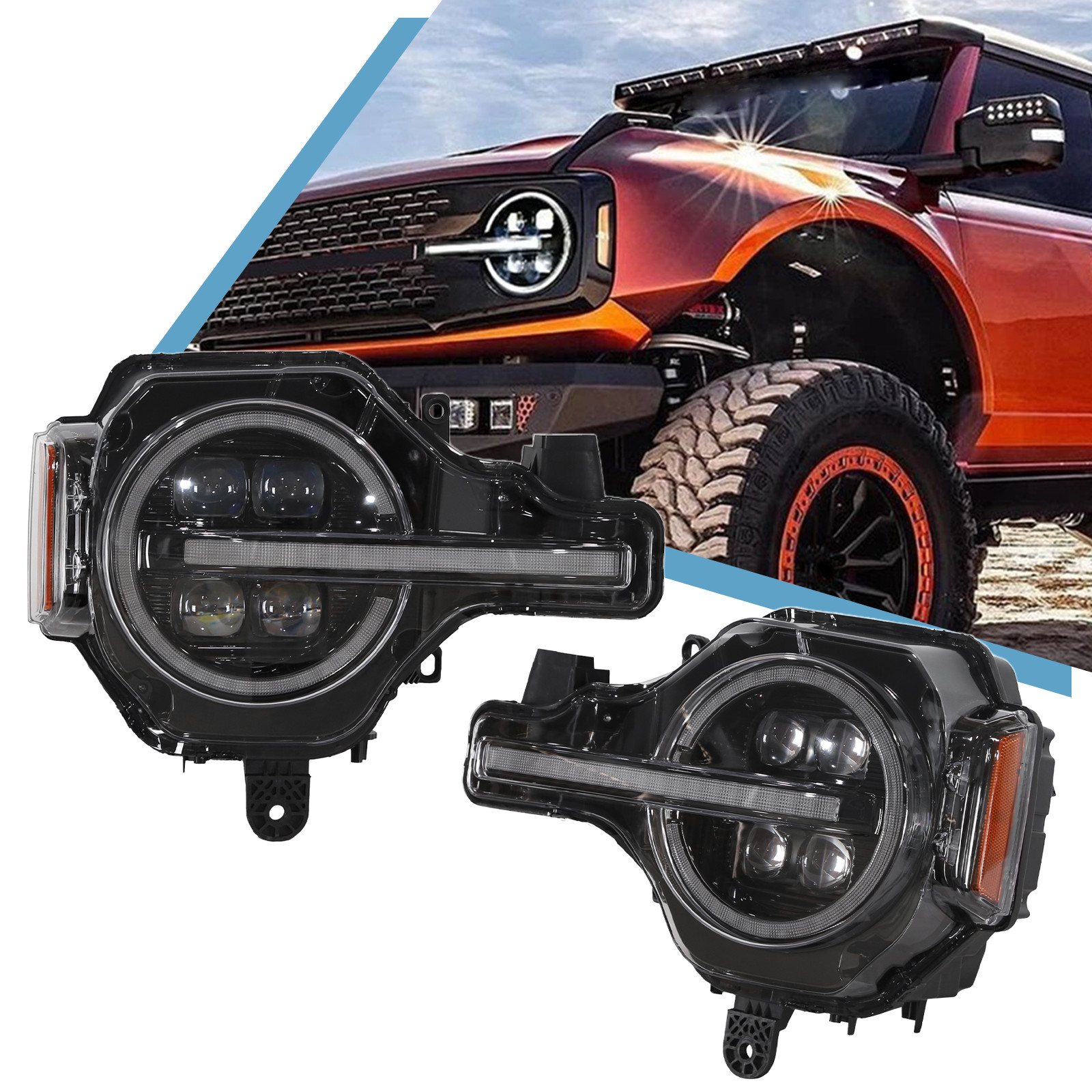 Front Full LED DRL Headlights Headlamps Assembly Set For 2021-2025 Ford Bronco