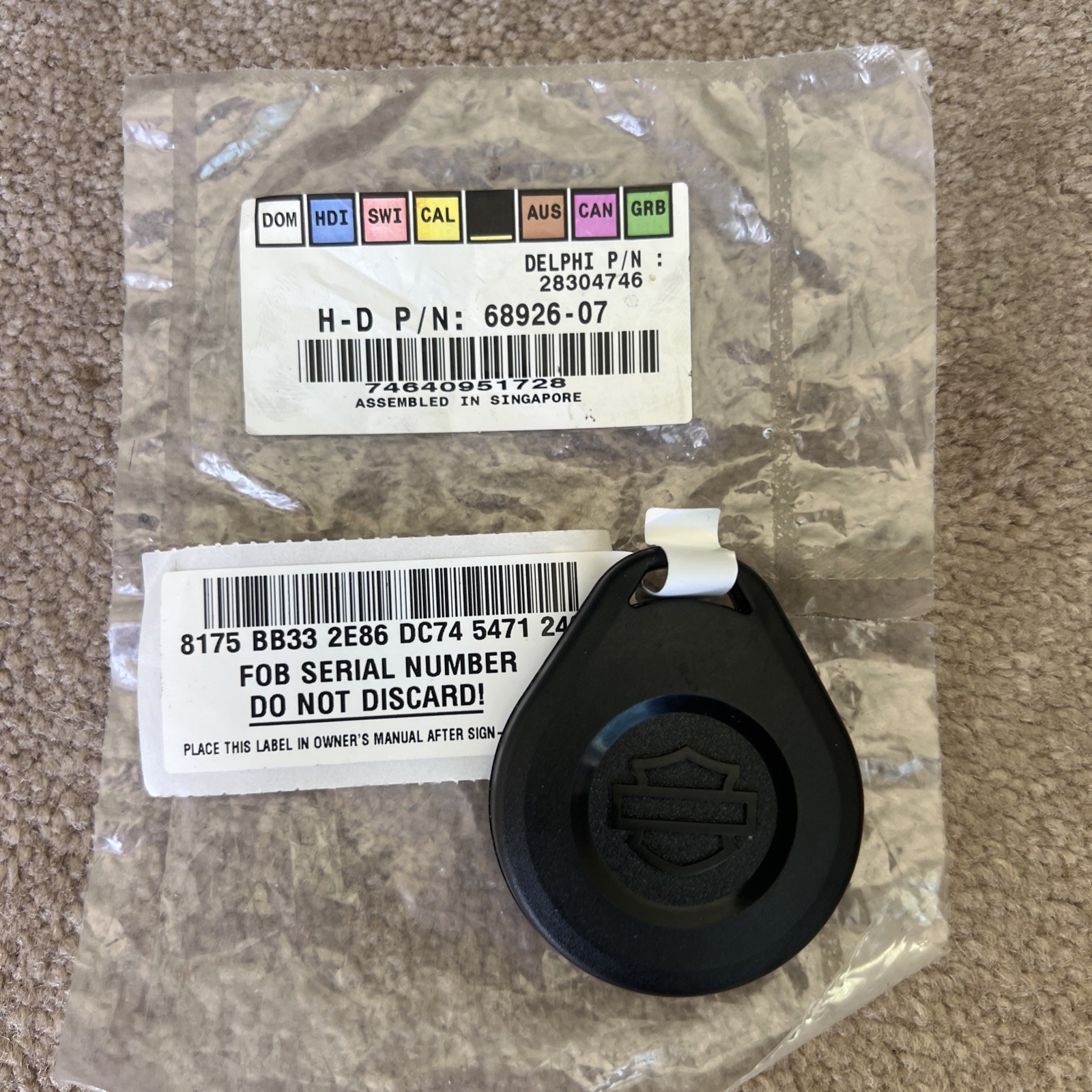 2007 - 2016 HARLEY DAVIDSON OEM SMART SECURITY SYSTEM HANDS FREE FOB 68926-07 2007 - 2016 HARLEY DAVIDSON OEM SMART SECURITY SYSTEM HANDS FREE FOB 68926-07