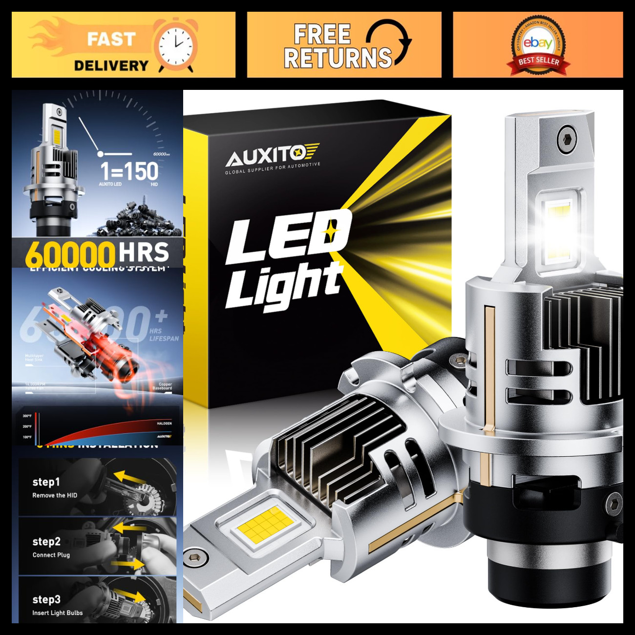 Ultra-Bright 30000LM D2S Fog Bulbs, High-Performance D2R Headlight, Pack of 2
