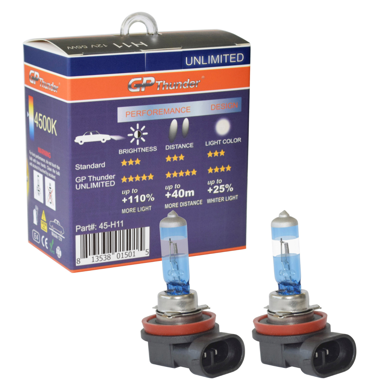 GP Thunder UNLIMITED 4500K H11 55W Bright White Xenon Light Bulbs On Sales 