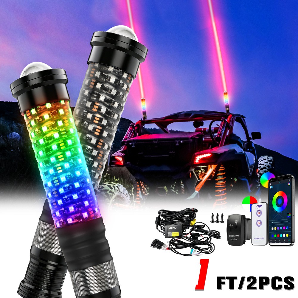 Pair 1FT RGB Laser LED Whip Lights Bluetooth APP Control For Can am UTV ATV SXS