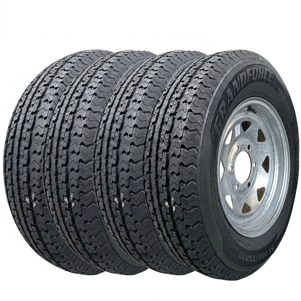 4PCS GRANDFORCE Trailer Tires ST205/75R15 on 15x6 6x5.5 Galvanized Mod Wheels