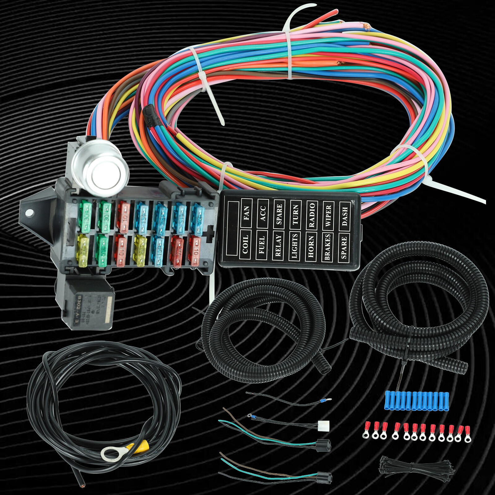 Universal 12-14 Circuit Wiring Harness 14 Fuse GXL COPPER WIRE NEW Universal 12-14 Circuit Wiring Harness 14 Fuse GXL COPPER WIRE NEW