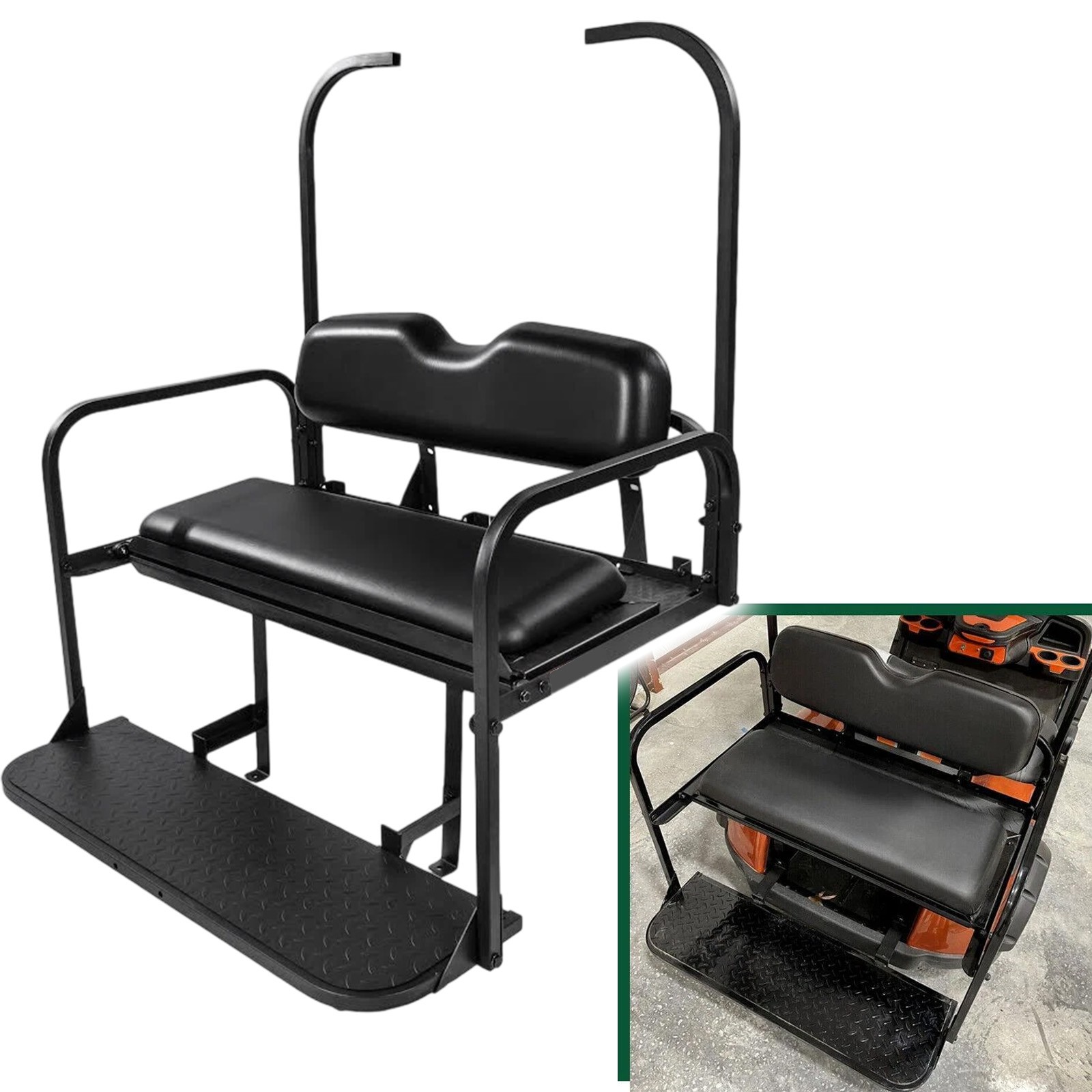 For 1995-up EZGO TXT Rear Back Seat Kit with Fold Down Pad Black Cushions For 1995-up EZGO TXT Rear Back Seat Kit with Fold Down Pad Black Cushions