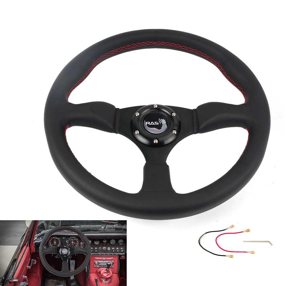 14Inch 6 Bolt Black Universal Deep Dish Genuine Leather Racing Steering Wheel
