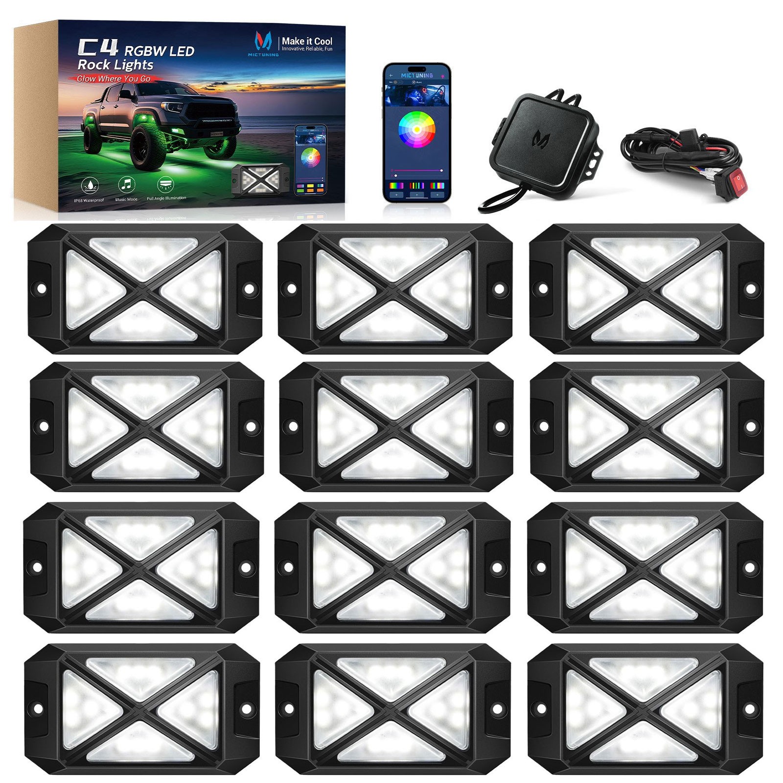 MICTUNING C4 12 Pods RGBW LED Rock Lights,Bluetooth APP Underglow Neon Light Kit