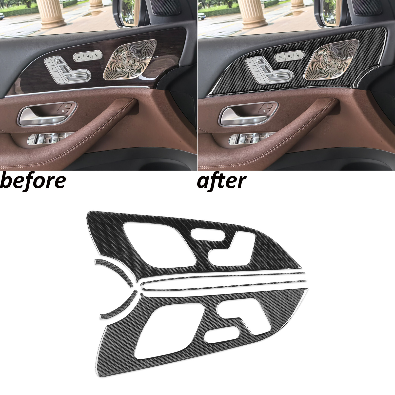 6Pcs Real Carbon Fiber Interior Door Panel Cover Trim For Benz GLE W167 2019-24