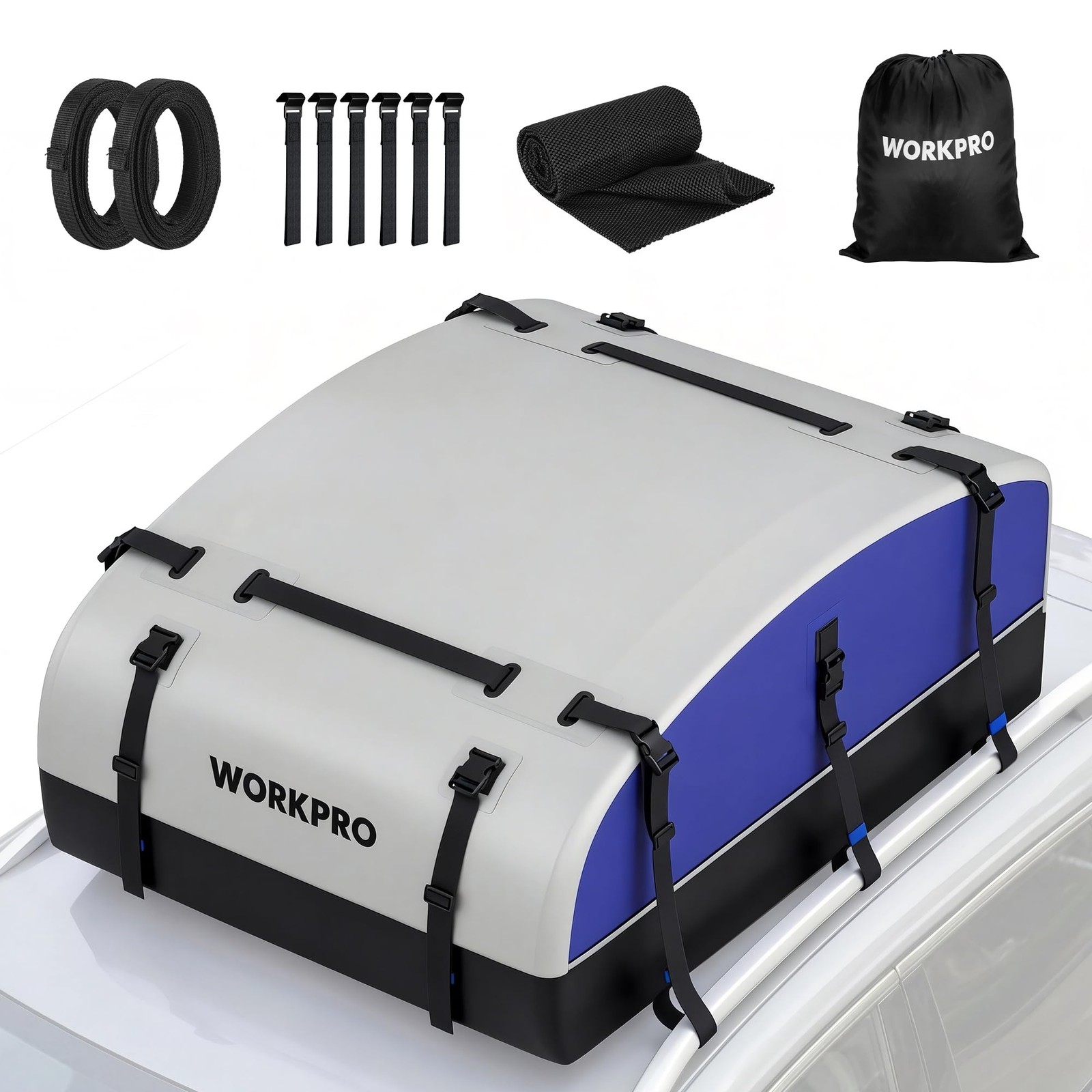 WORKPRO 21 Cubic Feet Rooftop Cargo Carrier Roof Bag, white and blue 