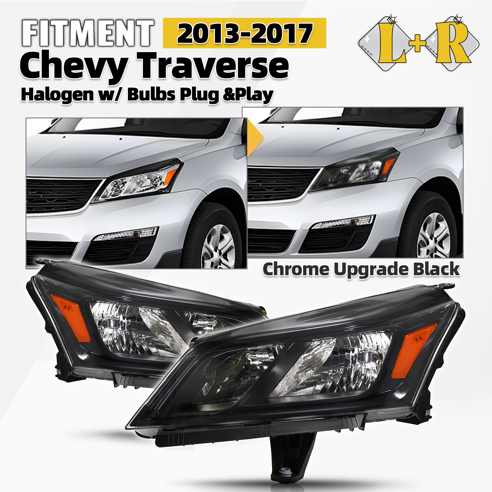 Upgrade Halogen Headlights For 2013-2017 Chevy Traverse Black Left+Right Pair Upgrade Halogen Headlights For 2013-2017 Chevy Traverse Black Left+Right Pair