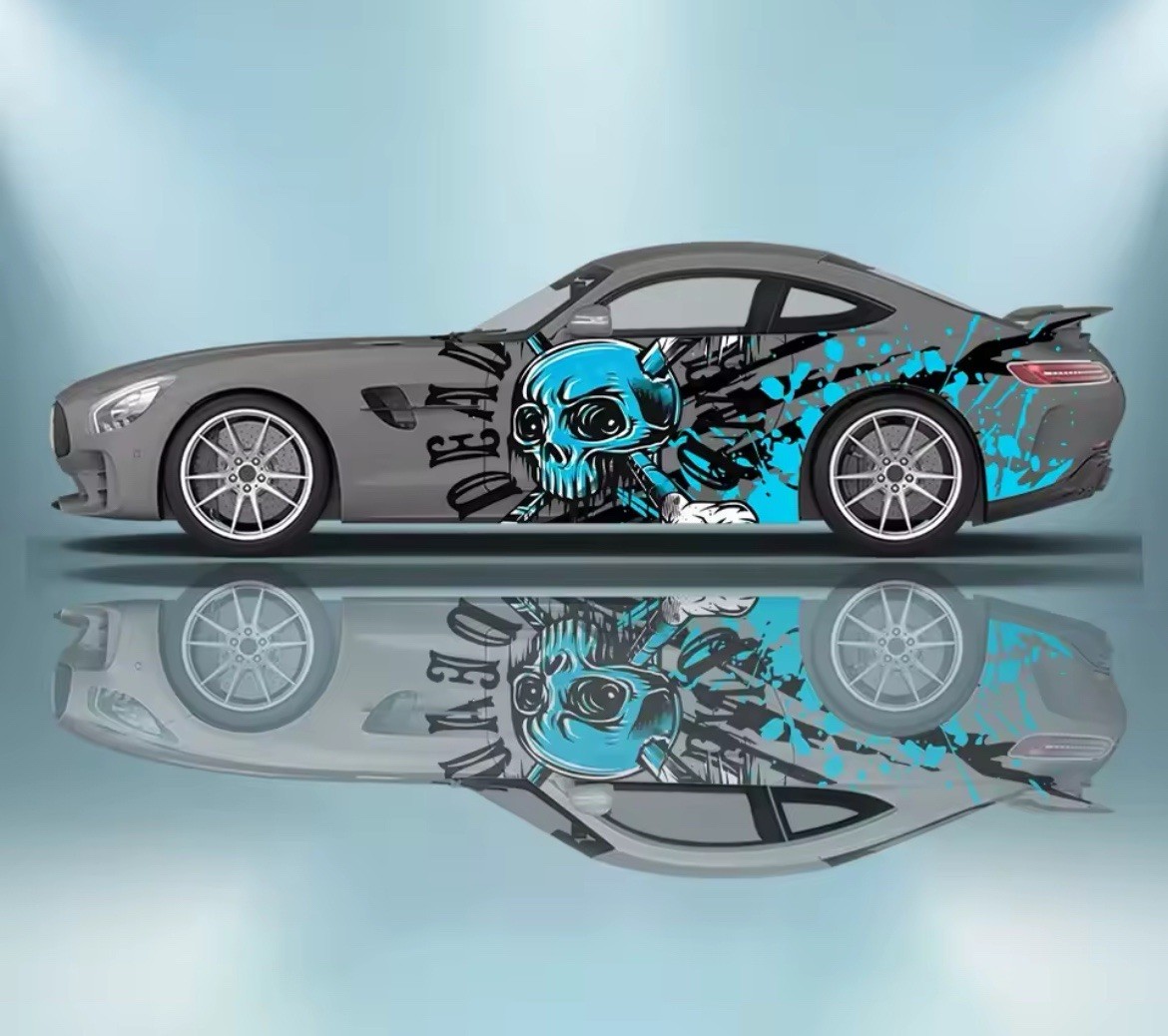 Colorful Skull Racing Stripe Car Body Sticke; Vintage Style Decal Both Sides