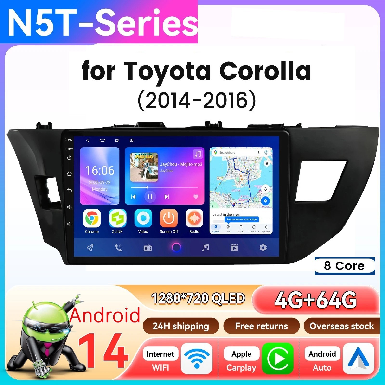CarPlay 4+64GB Android15 For Toyota Corolla 2014-2016 Car Stereo Radio GPS Navi