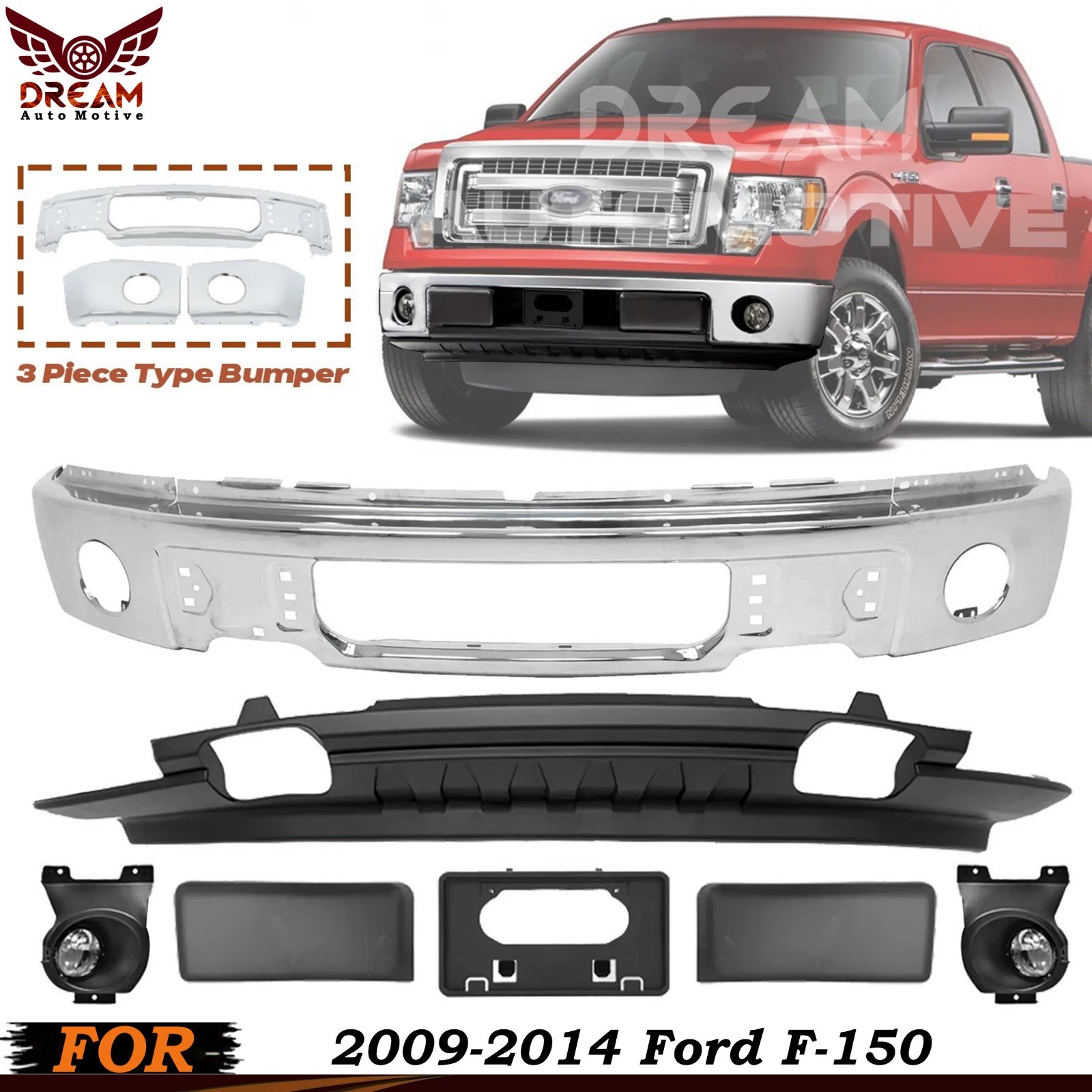 Front Bumper Chrome Steel & Fog Lights Assembly Kit For 2009-2014 Ford F-150