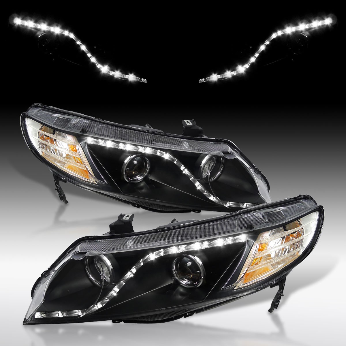 Fit 2006-2011 Honda Civic Sedan 4Dr Black LED Strip Projector Headlights Lamps Fit 2006-2011 Honda Civic Sedan 4Dr Black LED Strip Projector Headlights Lamps