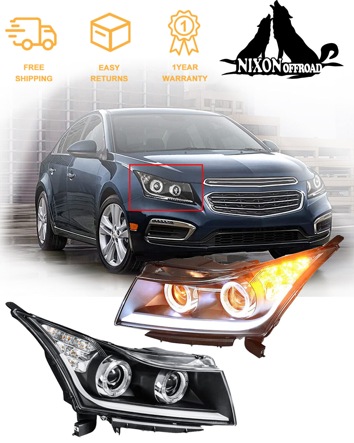 For 2011 2012 2013 2014 2015 Chevy Cruze Black Projector Headlights DRL Bar Pair