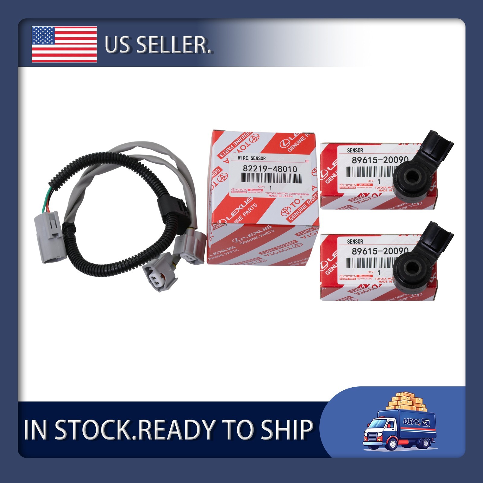 Genuine Toyota 2pcs Knock Sensor 89615-20090 & Harness 82219-48010 OEM New