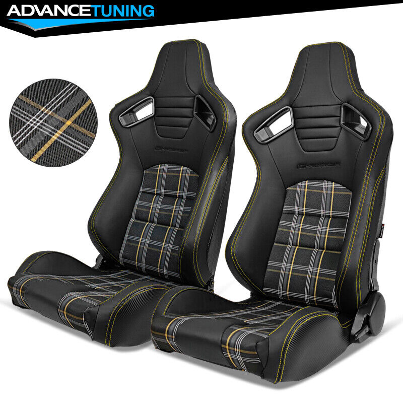Universal Pair Of Reclinable Black Racing Seats + Dual Slider Yellow Stitching