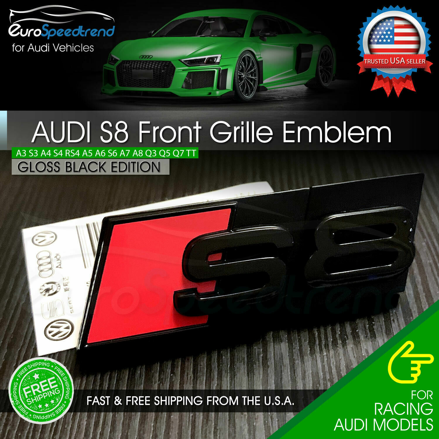 Audi S8 Front Grill Emblem Gloss Black for A8 S8 Hood Grille Badge Nameplate OE