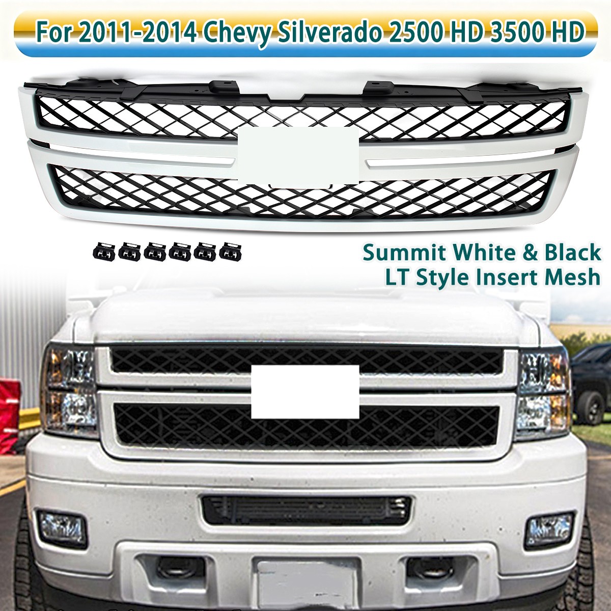 For 11-14 Silverado 2500HD 3500HD LT Style Summit White+Black Mesh Front Grille