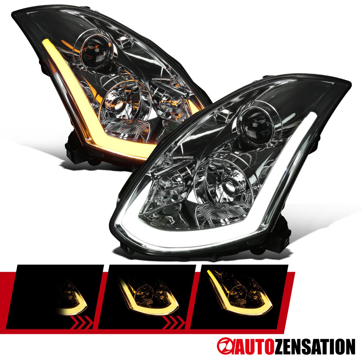 Fit 2003-2007 Infiniti G35 Coupe Smoke HID Projector Headlights LED Sequential