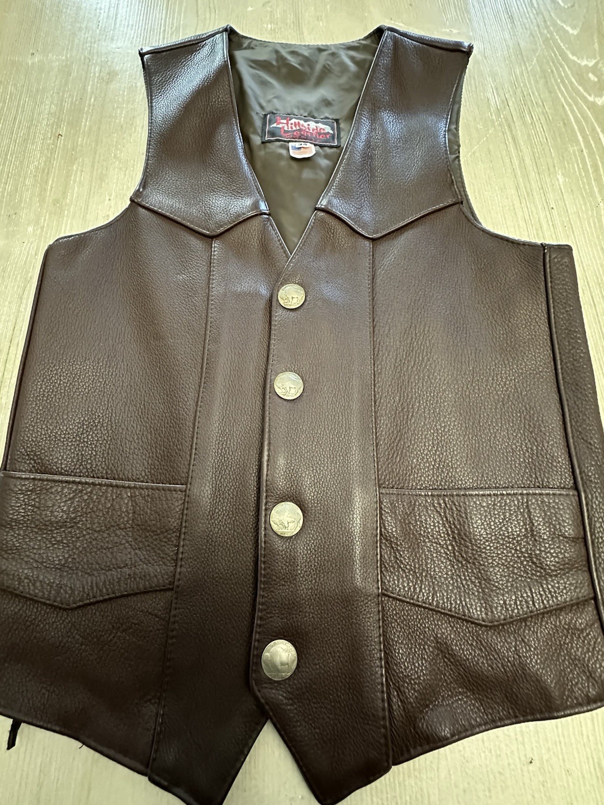 women’s Made in USA Brown  Leather Buffalo Nickel Motorcycle Vest 