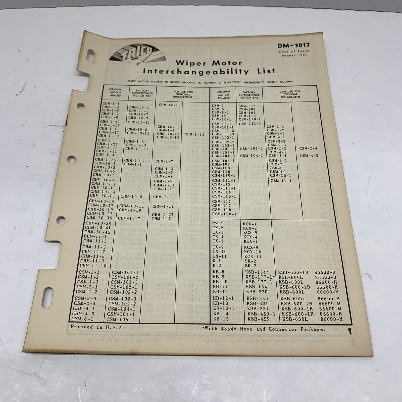 TRICO windshield wiper Interchangeability list DM-1017 1951