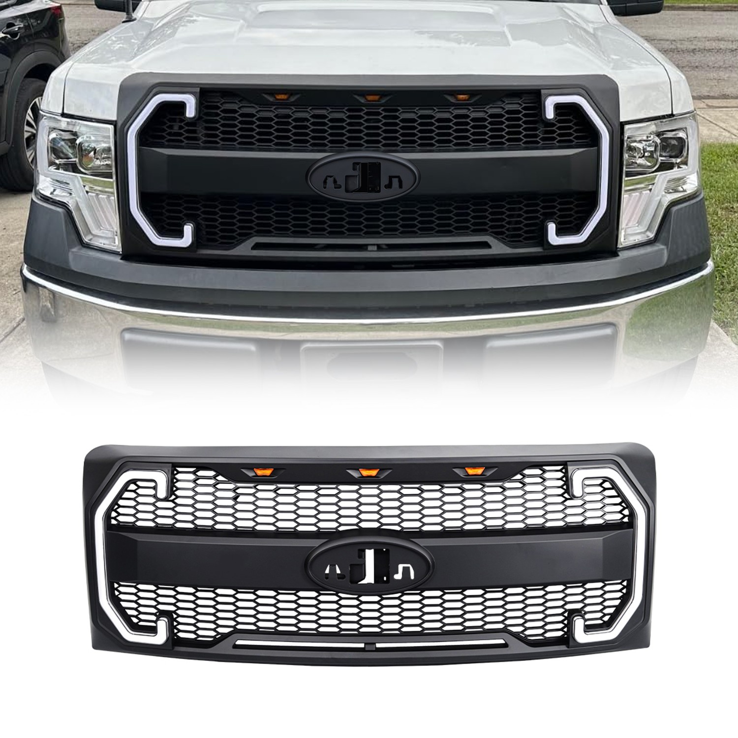 For 09-14 Ford F150 Raptor Style Grille w/DRL & Turn Signal Lamps & Badge Hole