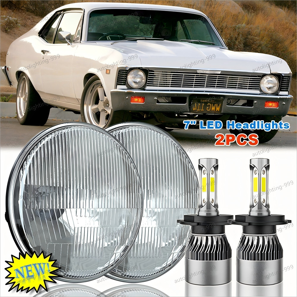Pair 7inch Round Led Headlight HI/Lo Beam Fit Chevrolet Chevy II/Nova 1969-1978