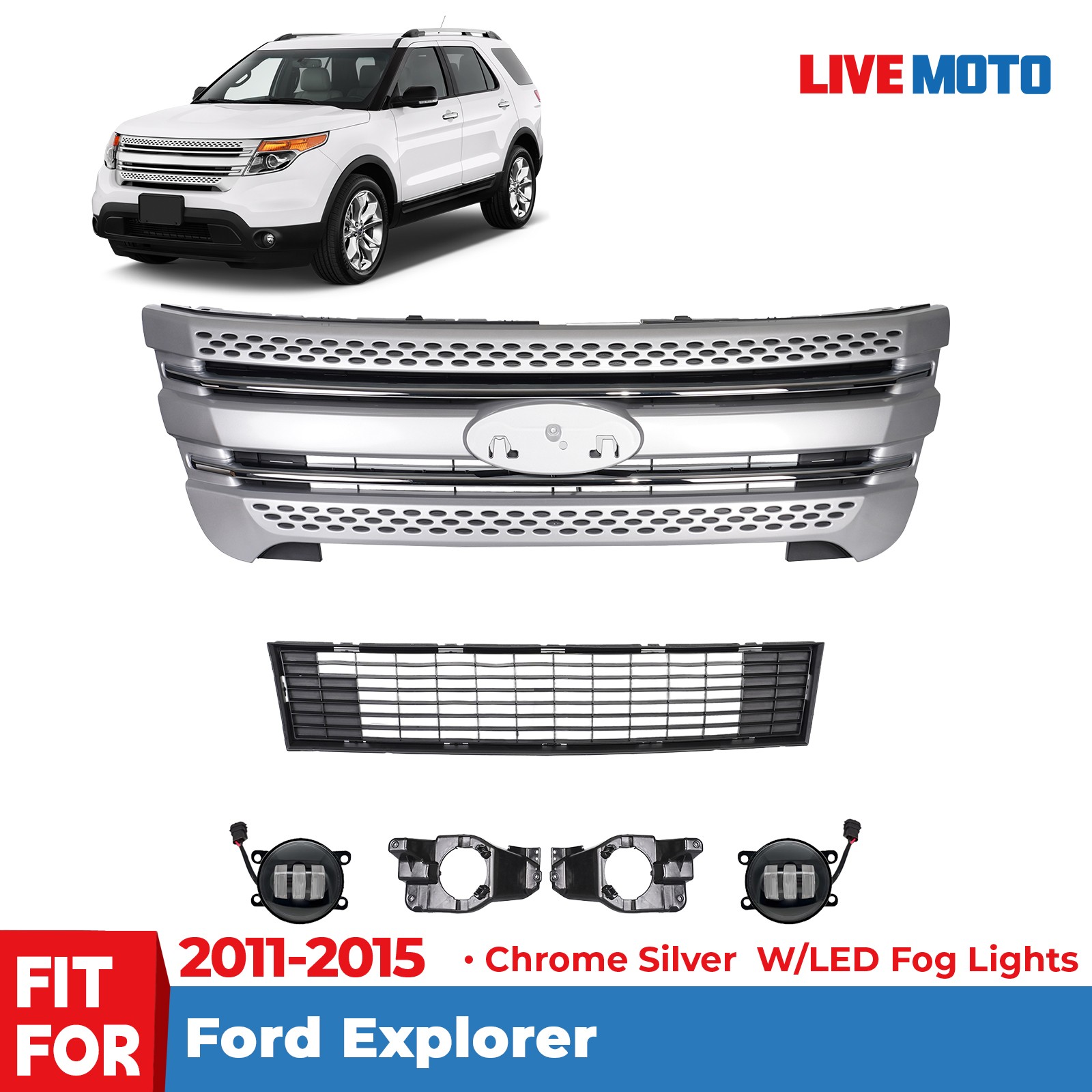 For 2011-2015 Ford Explorer Front Grille Assembly Silver Chrome W/LED Fog Lights