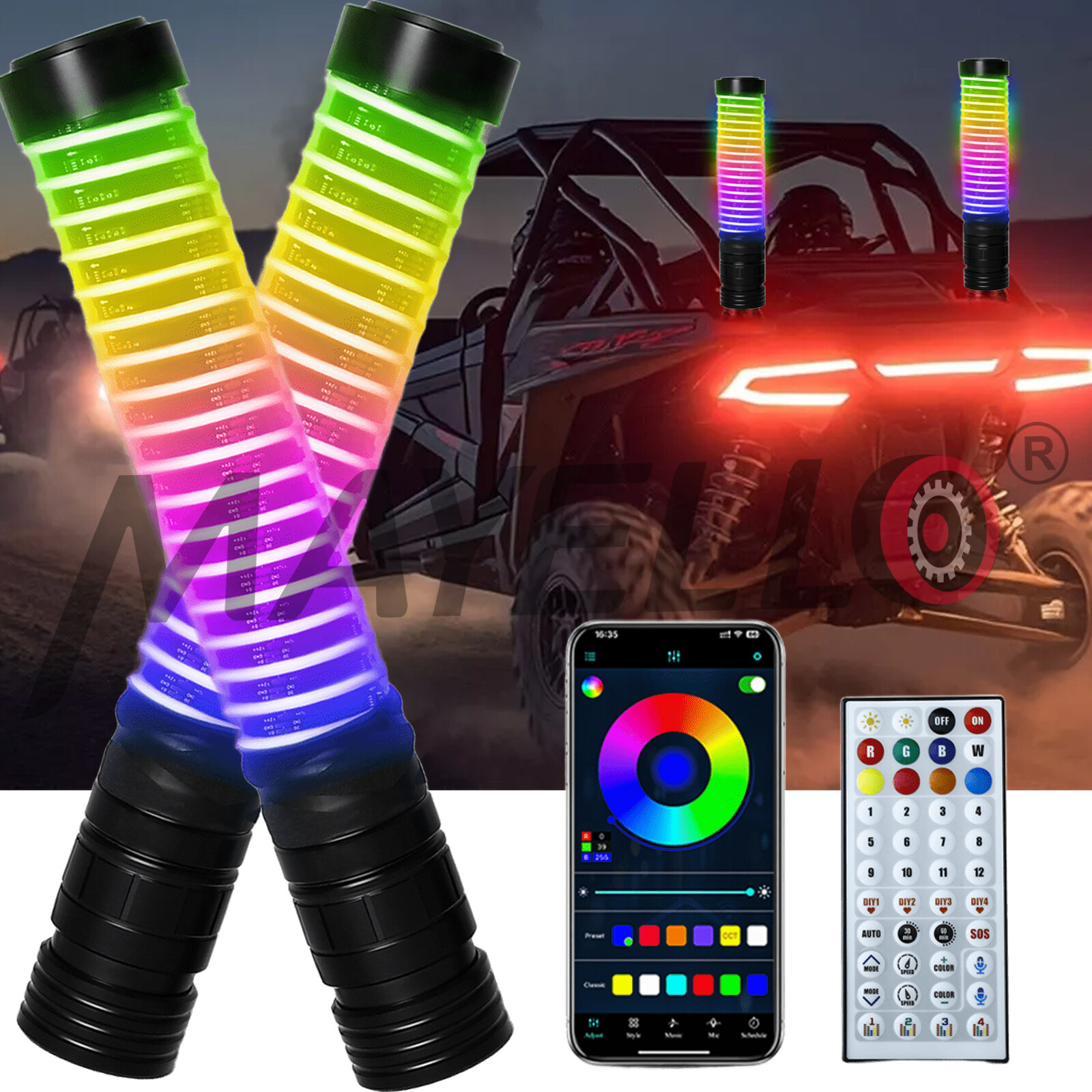 Pair 1ft LED Fat Whip Lights RGB COB Antenna Chase w/Remote APP for ATV UTV RZR