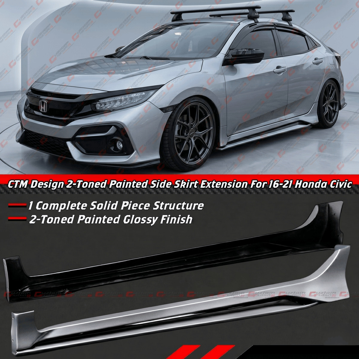 For 16-21 Honda Civic Sedan Hatchback FC FK4 FK7 CTM Silver Side Skirt Extension