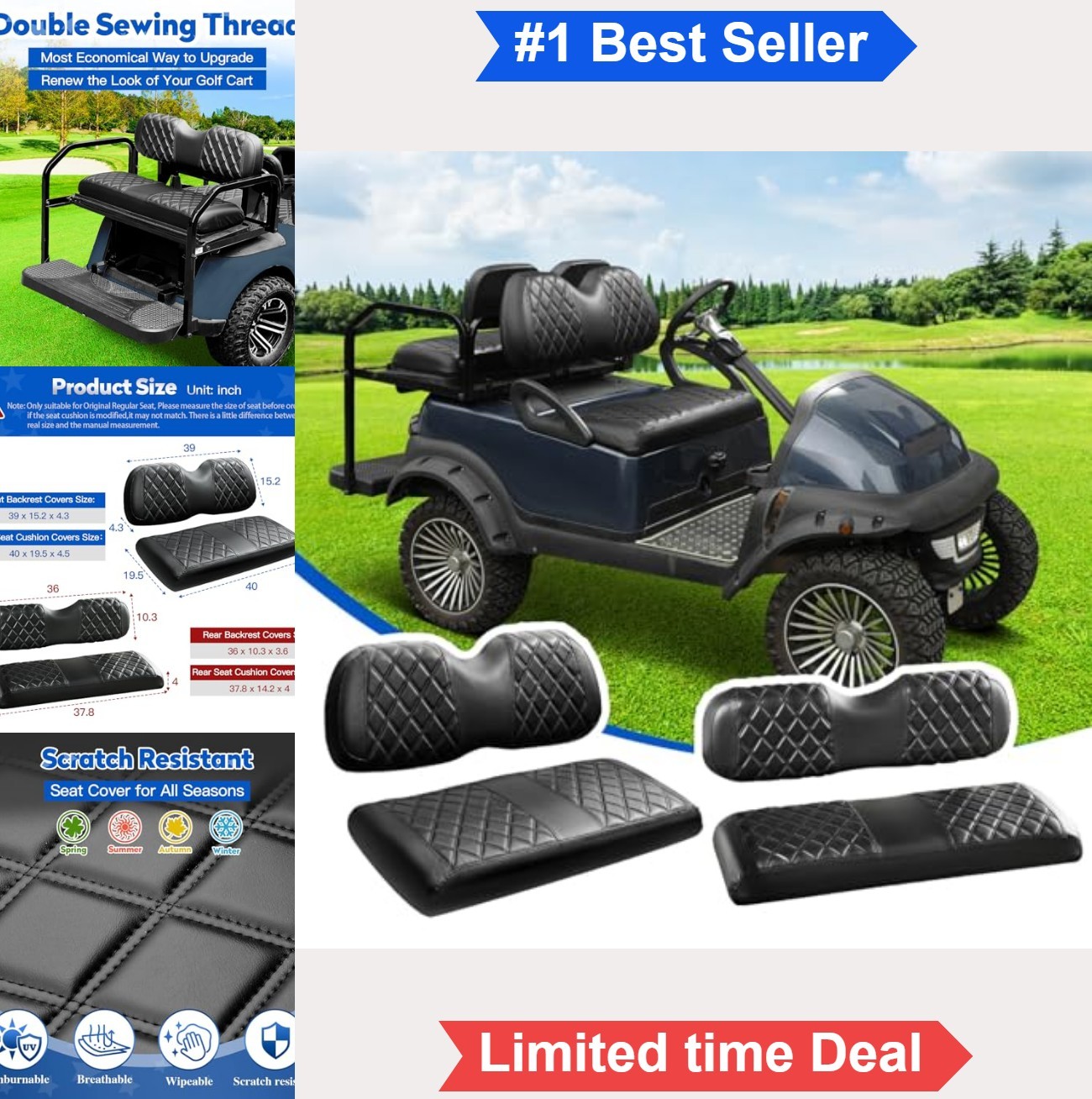 Golf Cart Seat Covers 4 Piece Club Car Precedent Vinyl Black Diamond Stitch