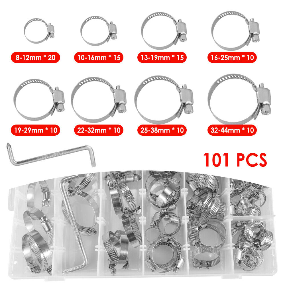 101X8 Sizes Adjustable Hose Clamps Worm Gear Stainless Steel Clamp Assortment US