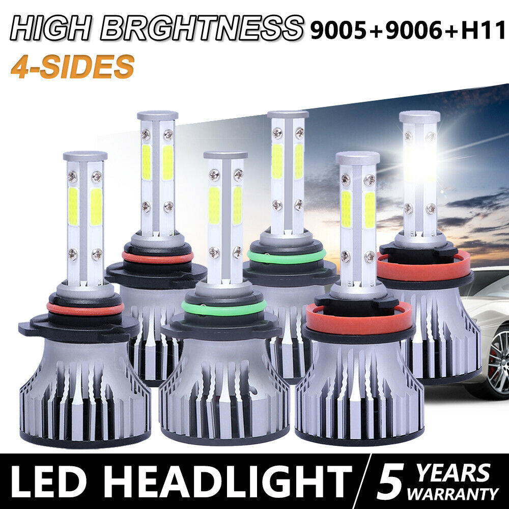 6PCS 4-Sides 9005+9006+H11 LED Headlight Bulbs Kit 120W 6000K High-Low Beam