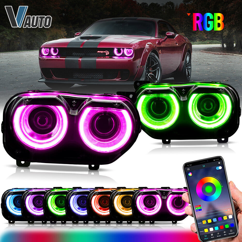 VLAND RGB LED Headlights Sequential For 15-22 Dodge Challenger APP Control Color