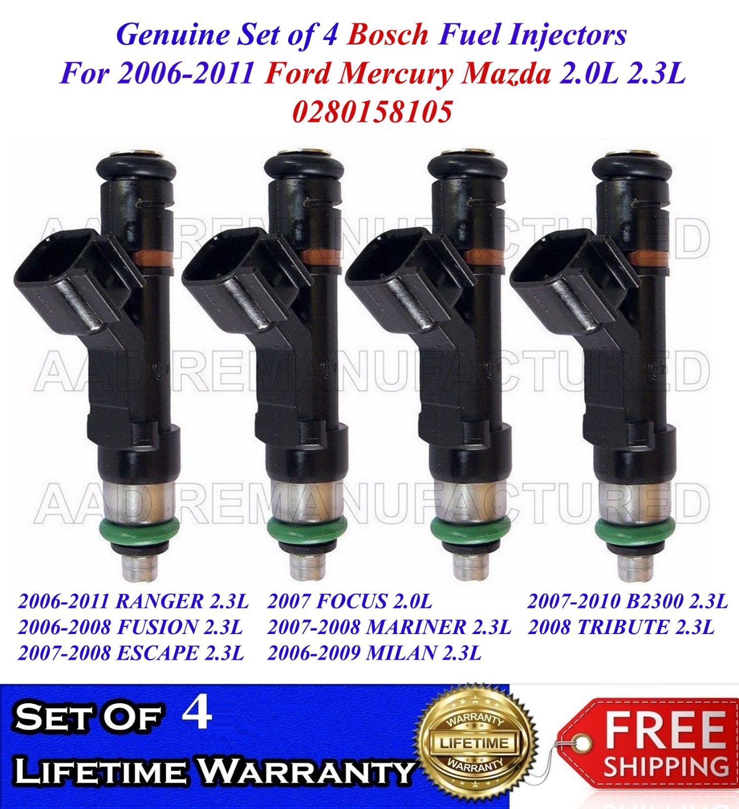 Genuine Bosch Set Of 4 Fuel Injectors for 2006-2011 Ford Mazda Mercury 2.0L 2.3L