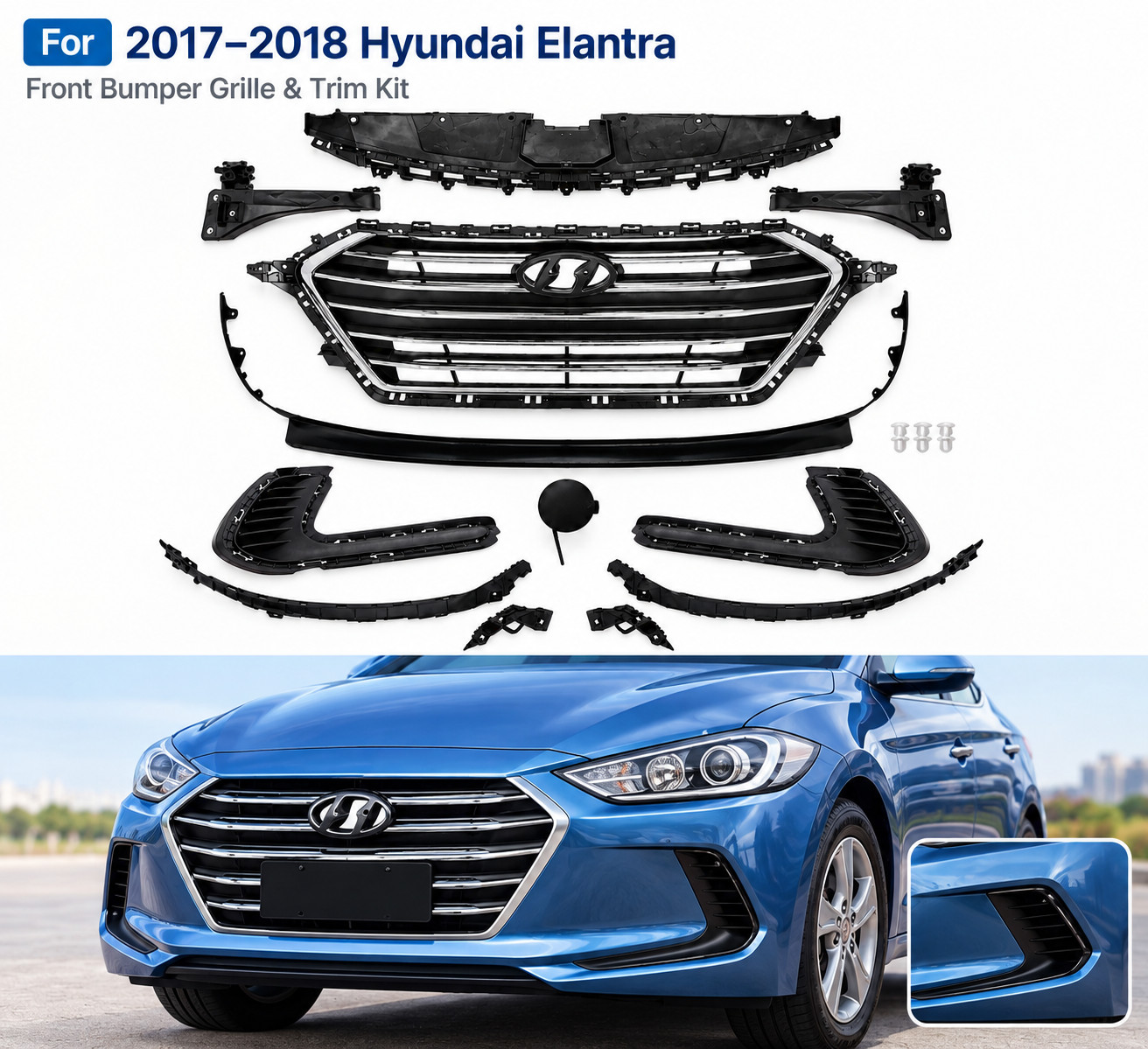 For 2017-2018 Hyundai Elantra Front Grille Fog Light Bumper Trim Bracket Kit