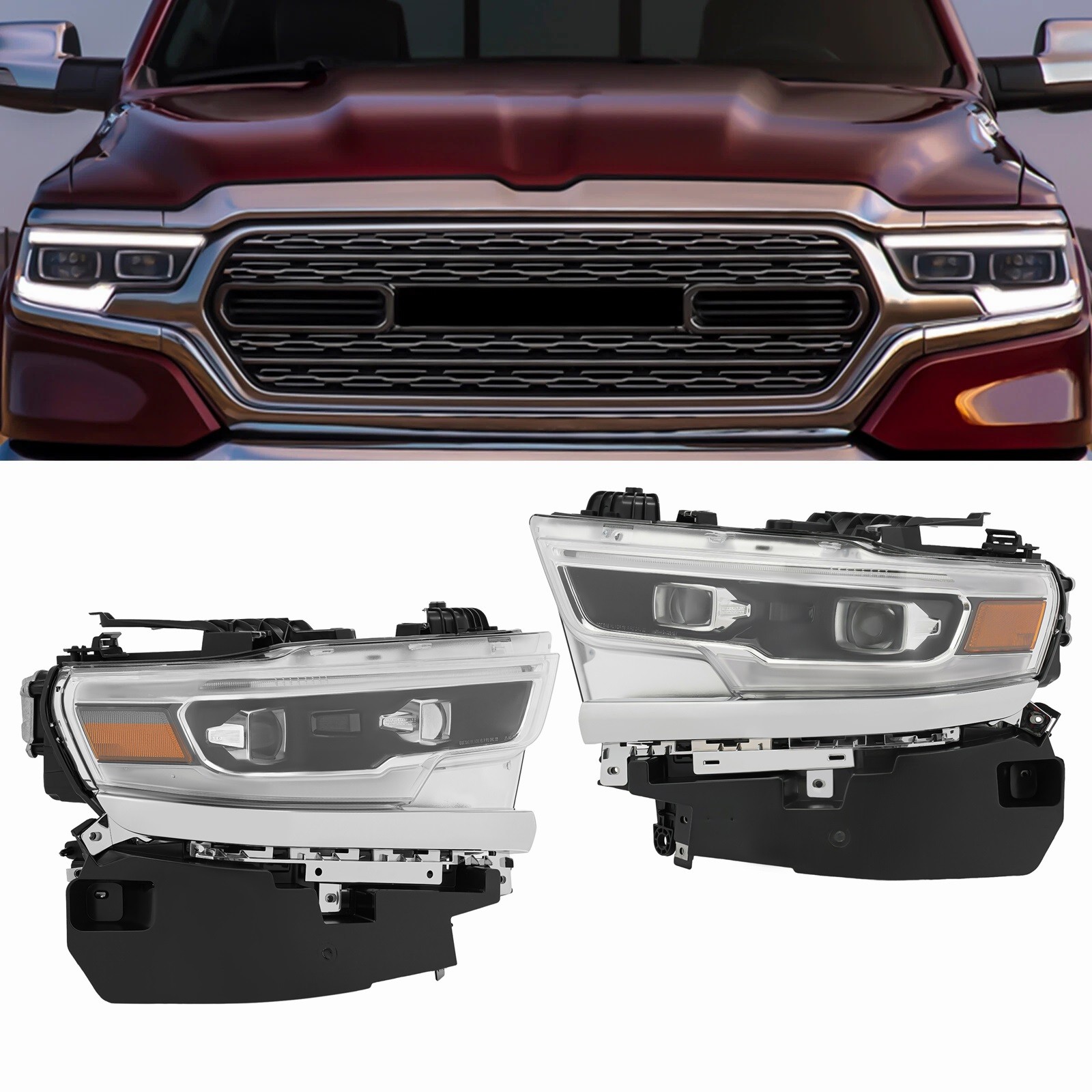 For 2019-2022 Ram 1500 Projector Headlights Full LED Headlamps Chrome (Pair) Set