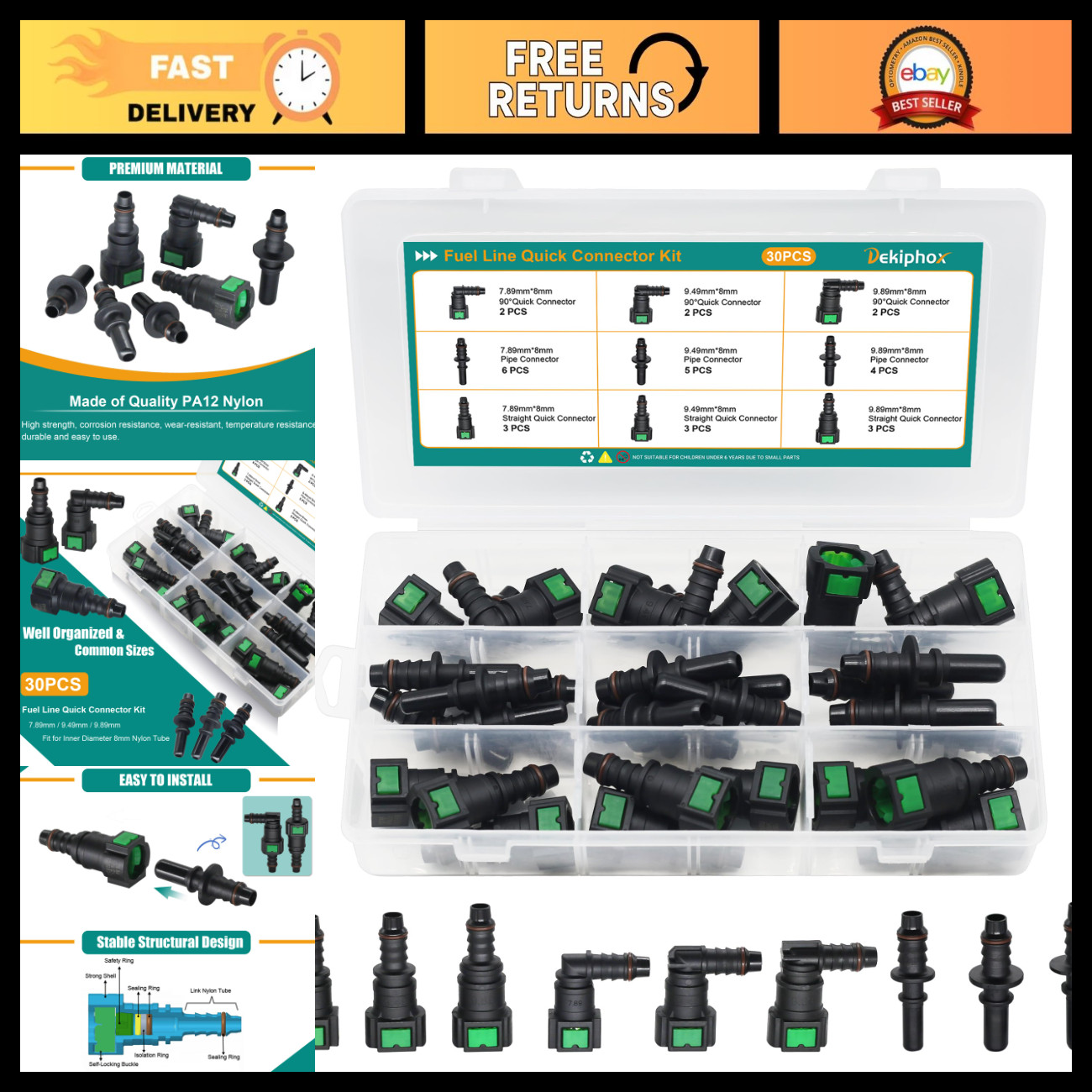 30pcs Fuel Line Quick Connector Set, Hose Repair Kit, SAE 7.89mm 9.49mm 9.89mm