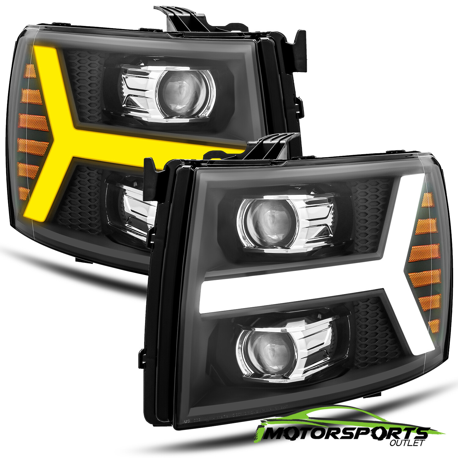 Fit 2007-2013 Chevy Silverado Black Projector Headlights w/LED DRL+Signal light