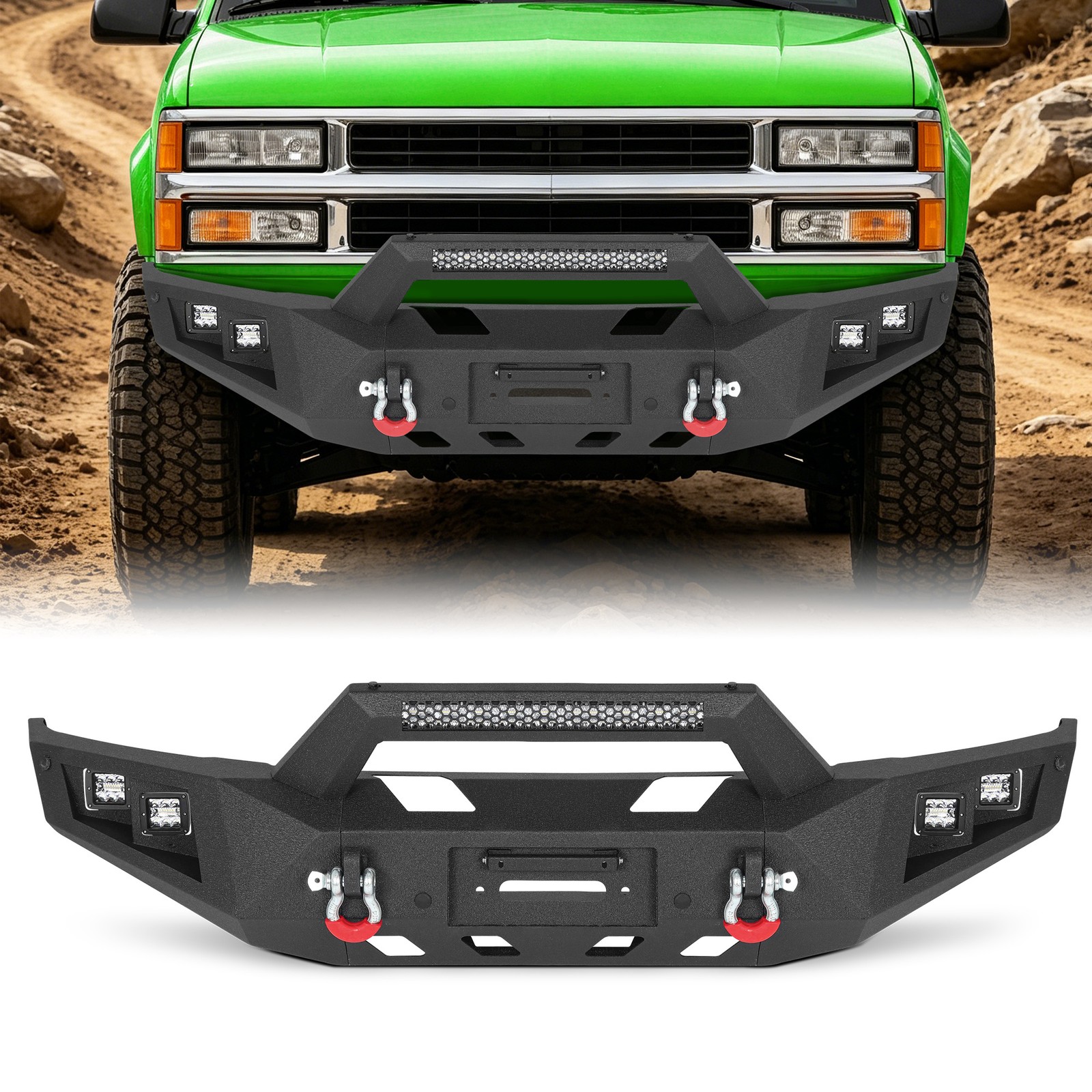 Front Bumper For 1992–1999 Chevy GMC C1500 K1500 W/Winch Plate+LED Lights+D-ring