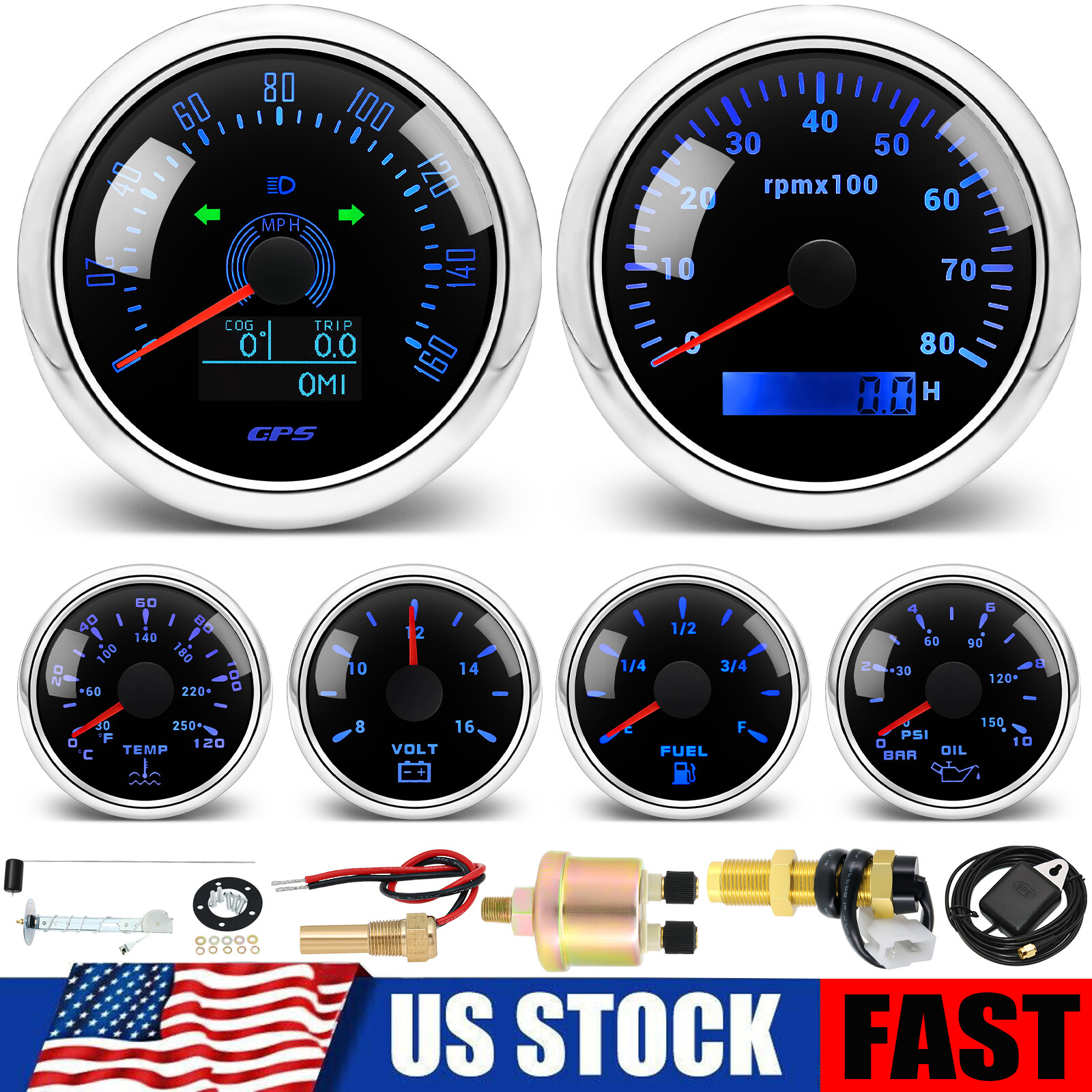 6 Gauge Set 85mm GPS Speedometer 160MPH Tacho&52mm Fuel/Oil/Temp/Volt Gauge US 6 Gauge Set 85mm GPS Speedometer 160MPH Tacho&52mm Fuel/Oil/Temp/Volt Gauge US