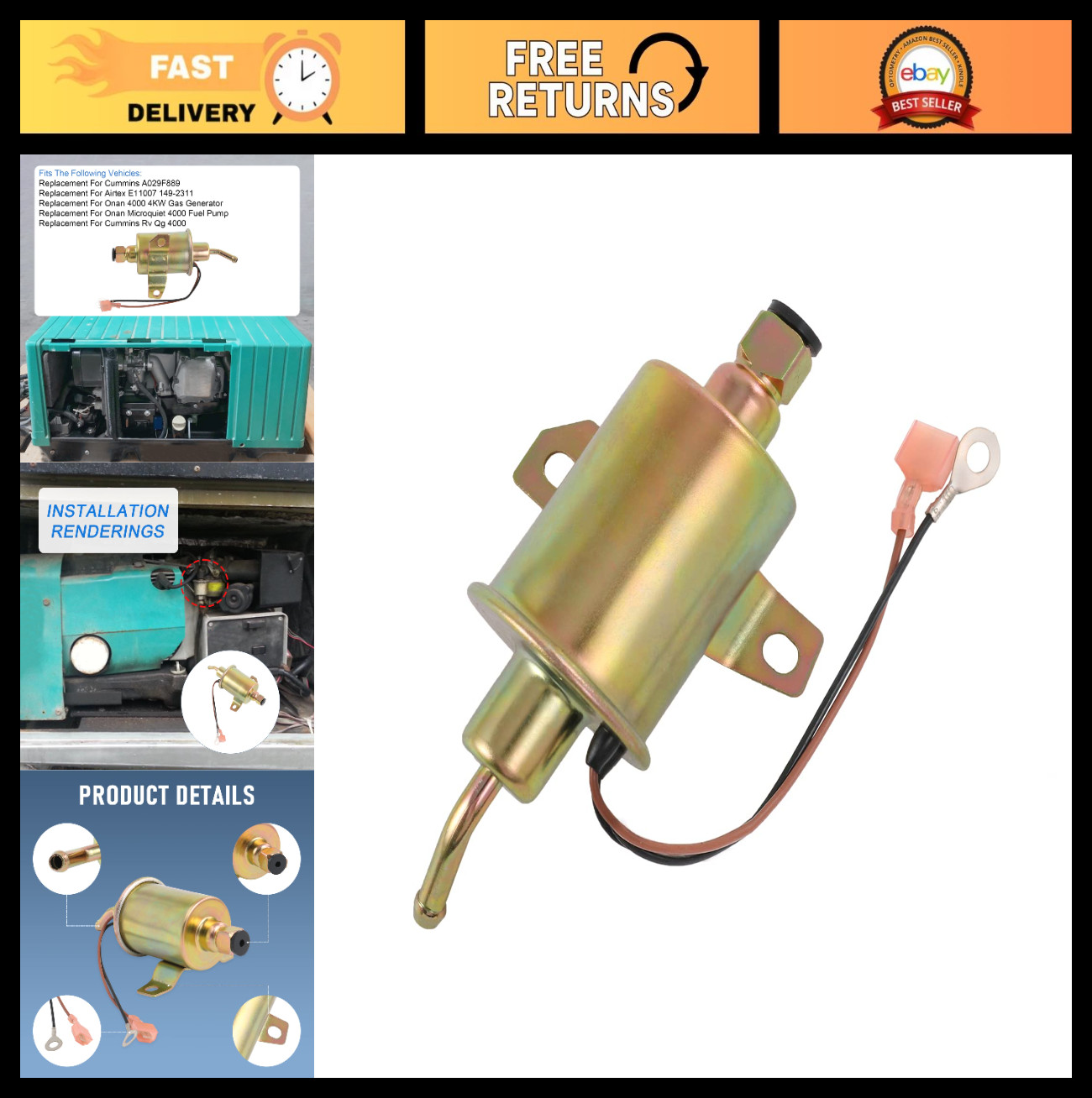 12V Electric Fuel Pump Replacement for Onan Cummins 4KW Generator | MicroQuiet 4