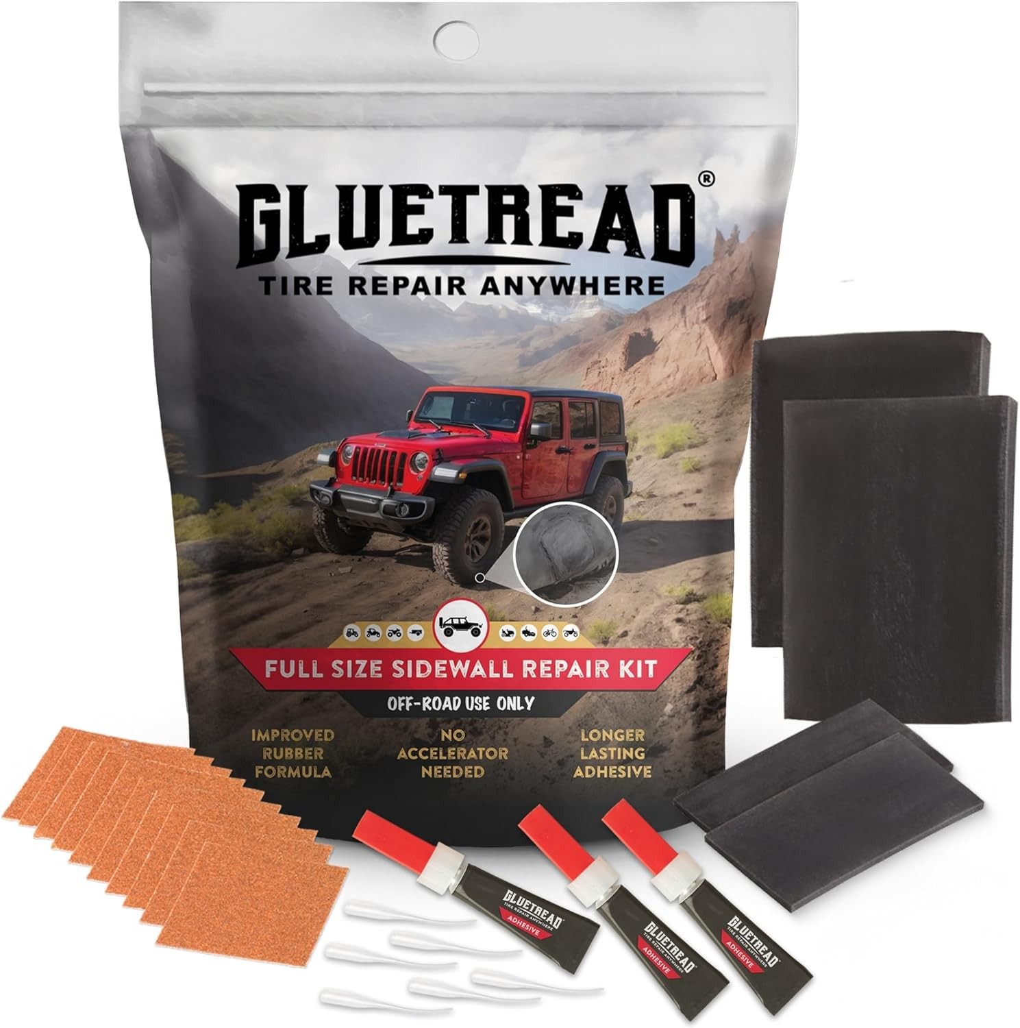 GlueTread Full-Size 4x4 Sidewall Tire Repair Kit Patch Puncture for Off-Road