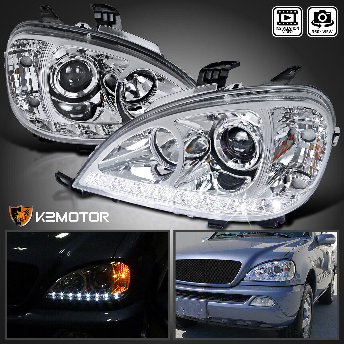 Fits 2002-2005 Mercedes W163 ML320 ML350 ML500 LED Strip Projector Headlights