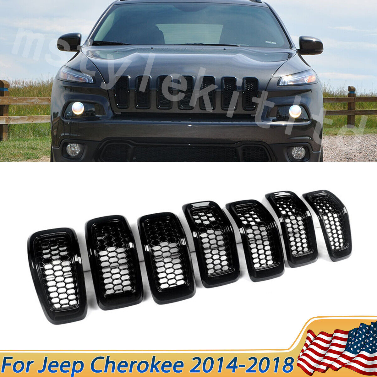 Front Bumper Honeycomb Grille Insert Gloss Black For 2014-2018 Jeep Cherokee